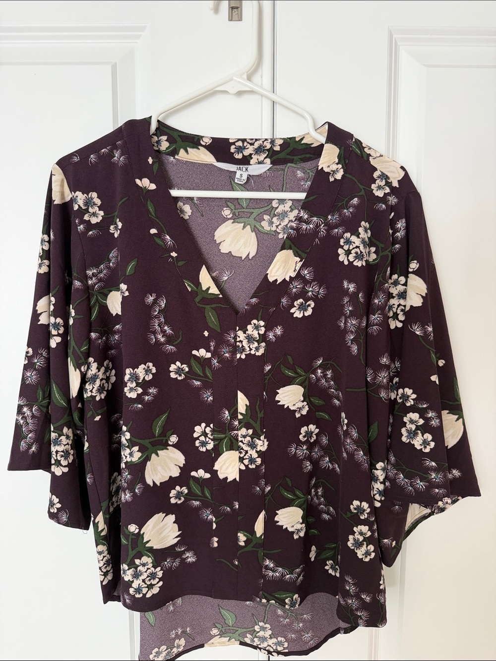 Jack by BB Dakota Plum Floral V-Neck Blouse with Cream Tulips